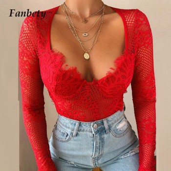 Women Elegant Eyelash Lace Hollow Out Bodysuit 2021 Spring Sexy Solid Color Shorts Romper Lady Fashion Long Sleeve Pullover Tops